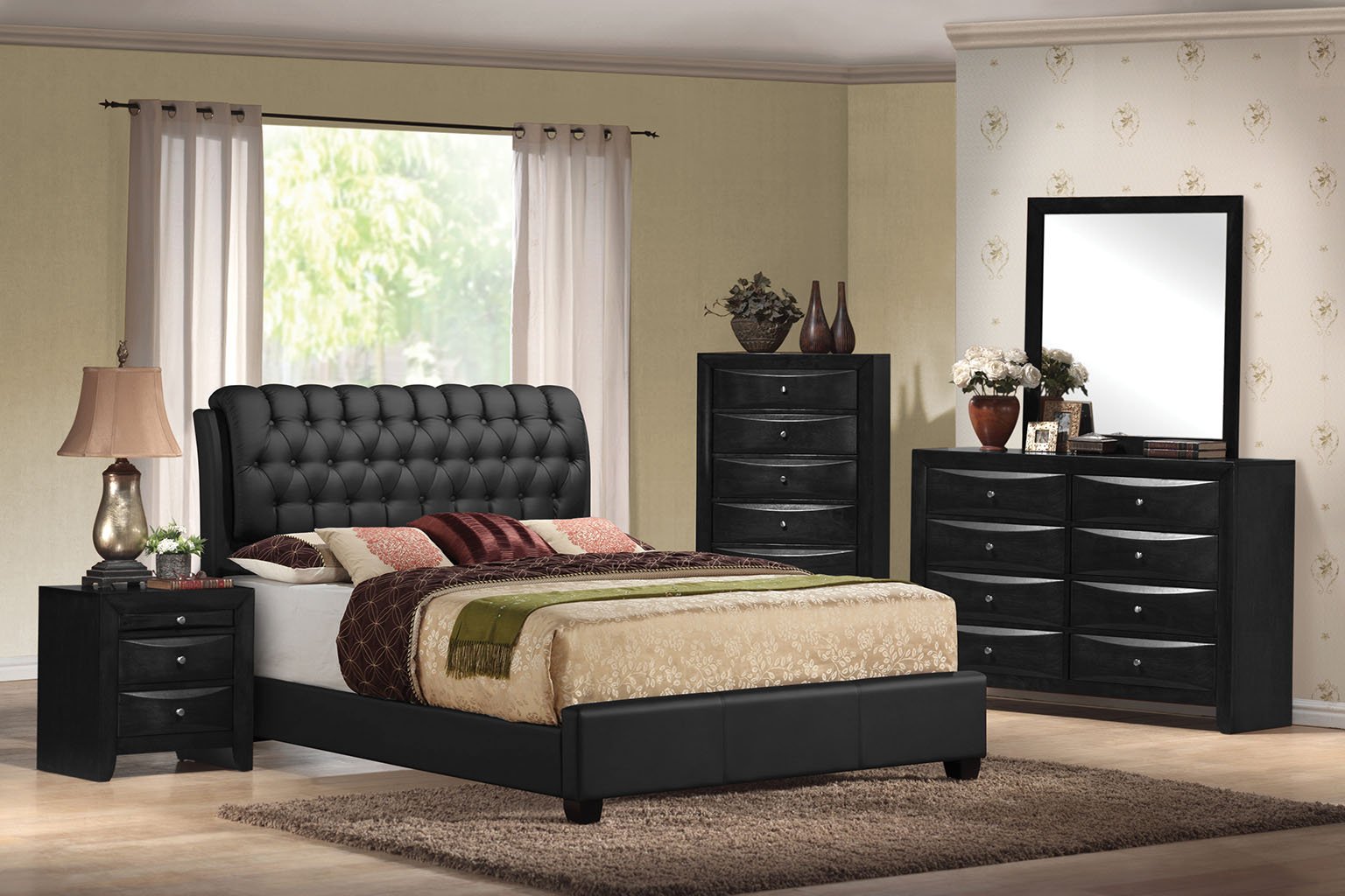 Pu Button Tufted King Bed 90inches X 79inches X 49inches Black