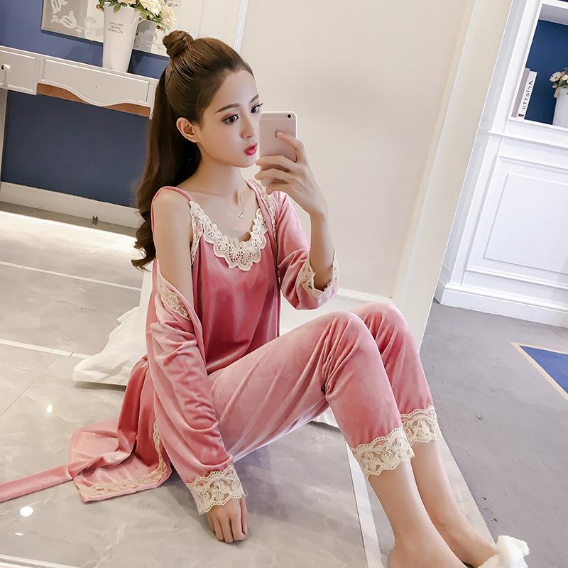 Gold Velvet Pajamas Long-Sleeved Cardigan Camisole Lace Trousers