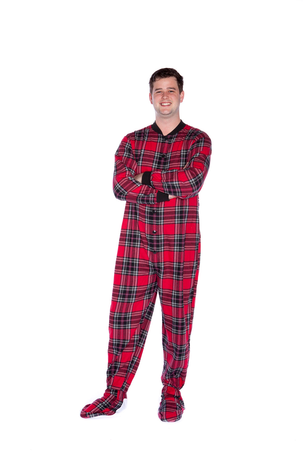 Adult Footed Onesie Pajamas Red and Black Plaid for Men & Women