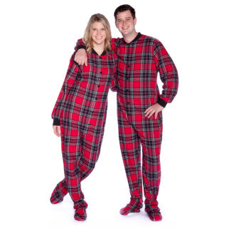 Adult Footed Onesie Pajamas Red and Black Plaid for Men & Women
