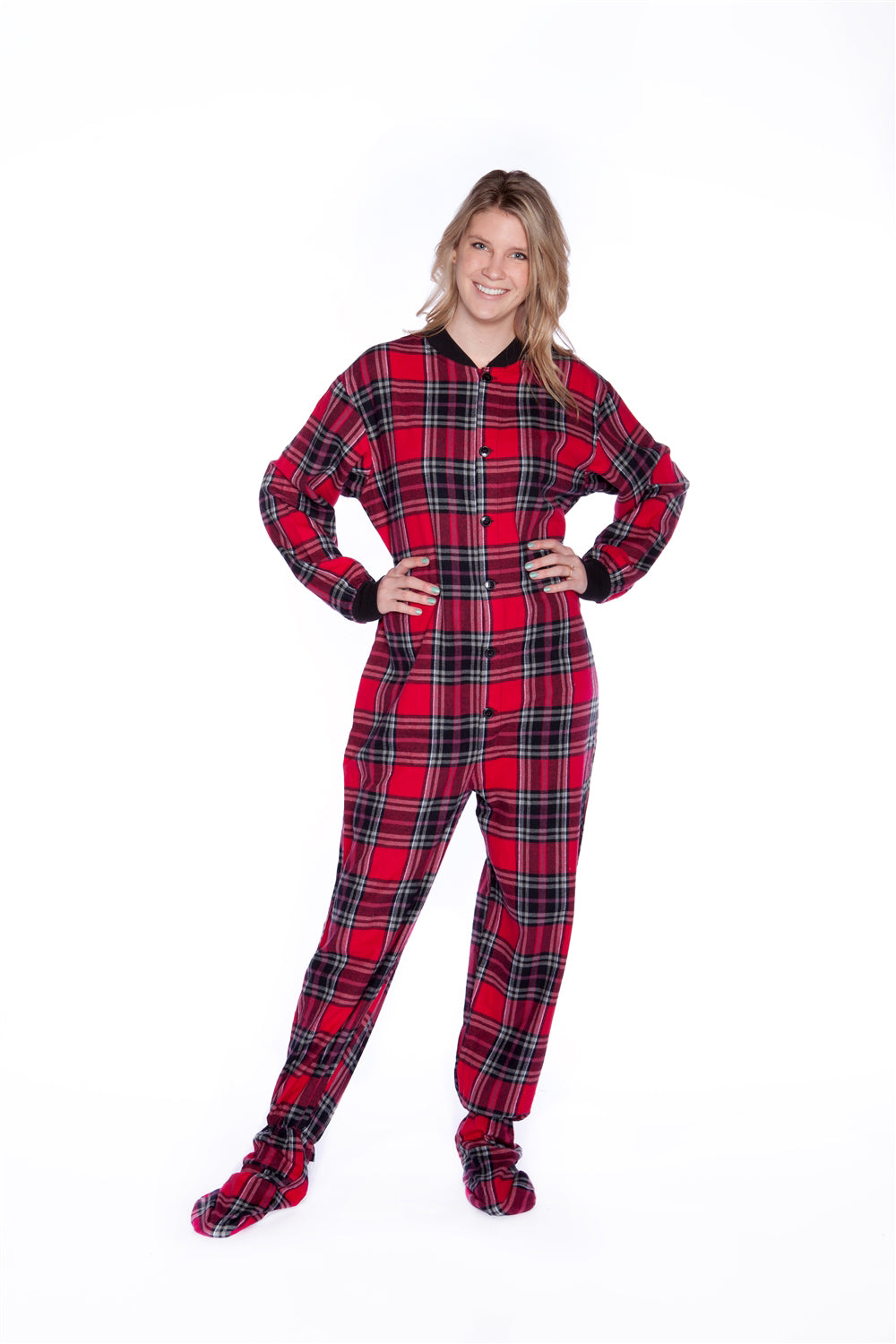 Adult Footed Onesie Pajamas Red and Black Plaid for Men & Women