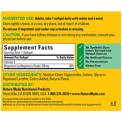 Nature Made Magnesium 250 mg, Dietary Supplement for Muscle, Heart, Bone and Nerve Support, 90 Day Supply, 90 Count (Pack of 1)